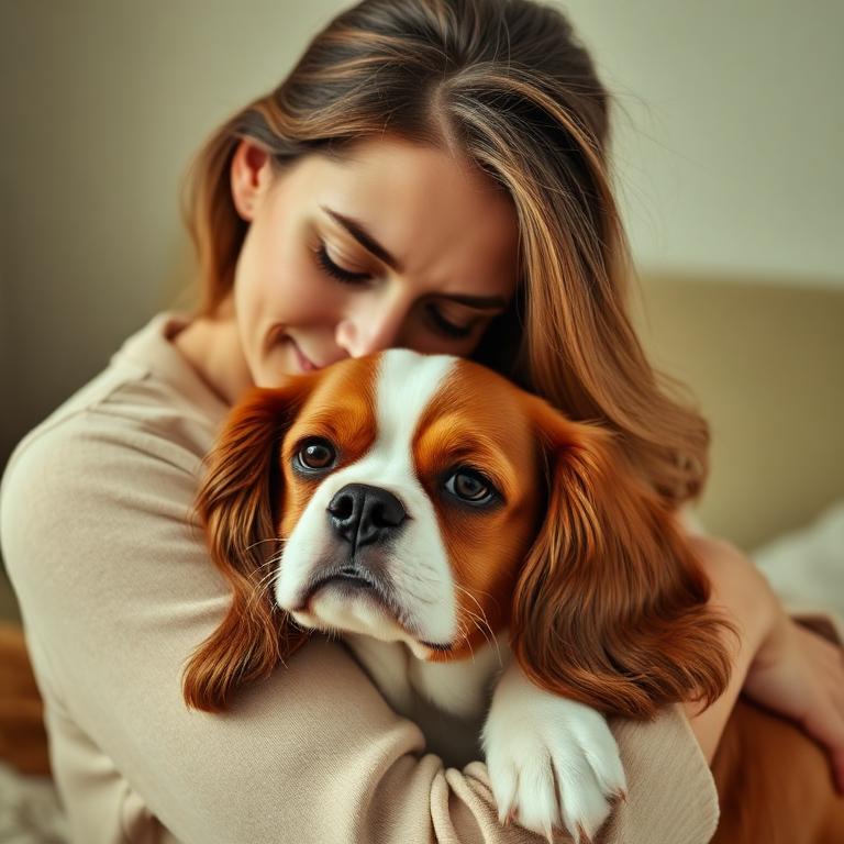 A woman softly embracing her Cavalier King Charles Spaniel, forehead resting gently against the dog