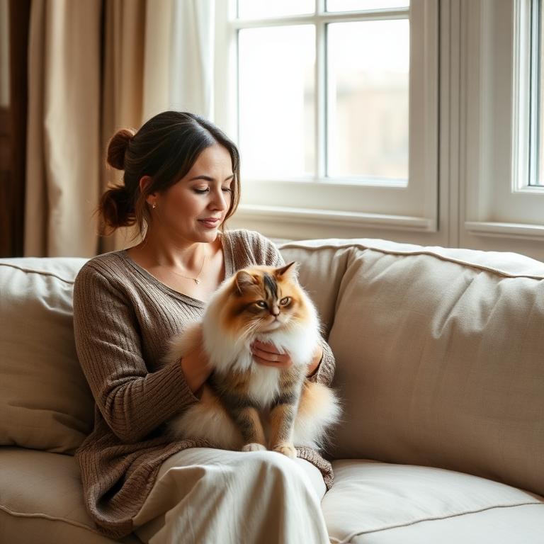 A calm woman looking thoughtfully at her Persian cat resting in her lap on a linen sofa