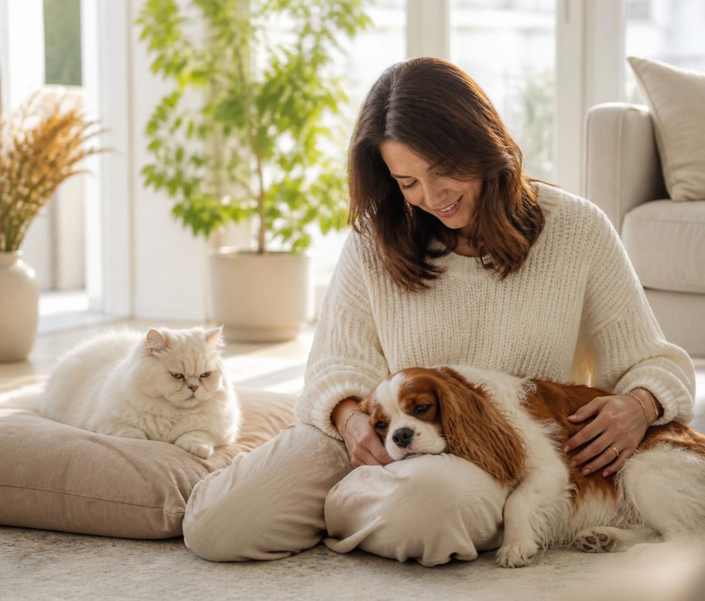 A woman smiling as her Cavalier King Charles Spaniel rests in her lap with a Persian cat nearby in a bright home