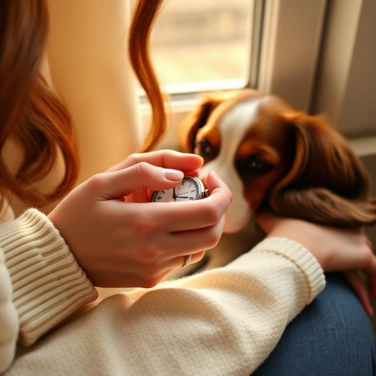 A woman's hands holding a small watch with her Cavalier King Charles Spaniel resting close by in warm morning light