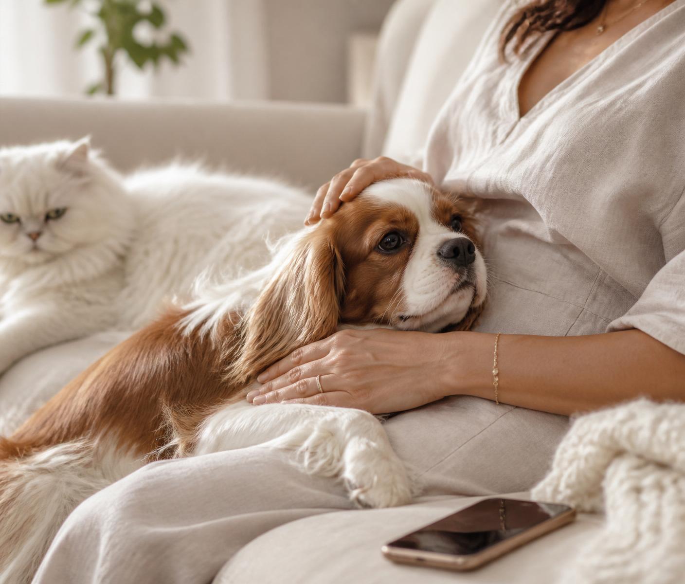 A calm home moment between a pet parent and their pets